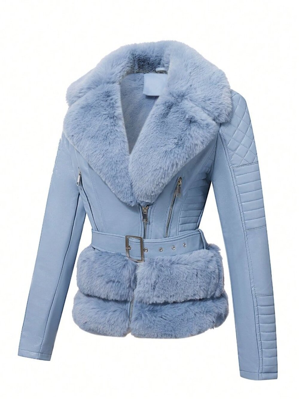 Blue Casual Women's Faux Leather And Faux Fur Collar Jacket